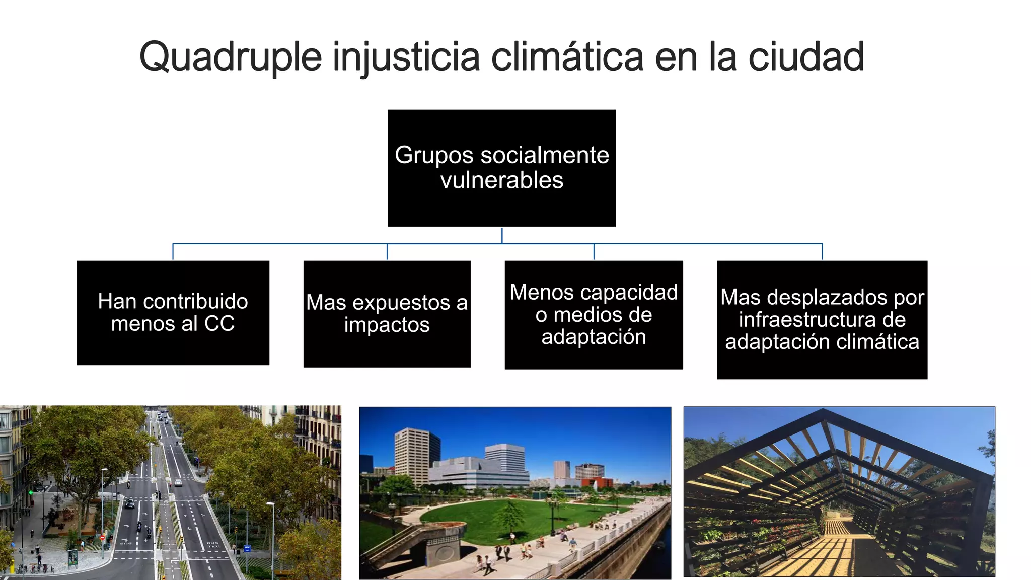 Grupos socialmente
vulnerables
Han contribuido
menos al CC
Mas expuestos a
impactos
Menos capacidad
o medios de
adaptación
Mas desplazados por
infraestructura de
adaptación climática
Quadruple injusticia climática en la ciudad
 