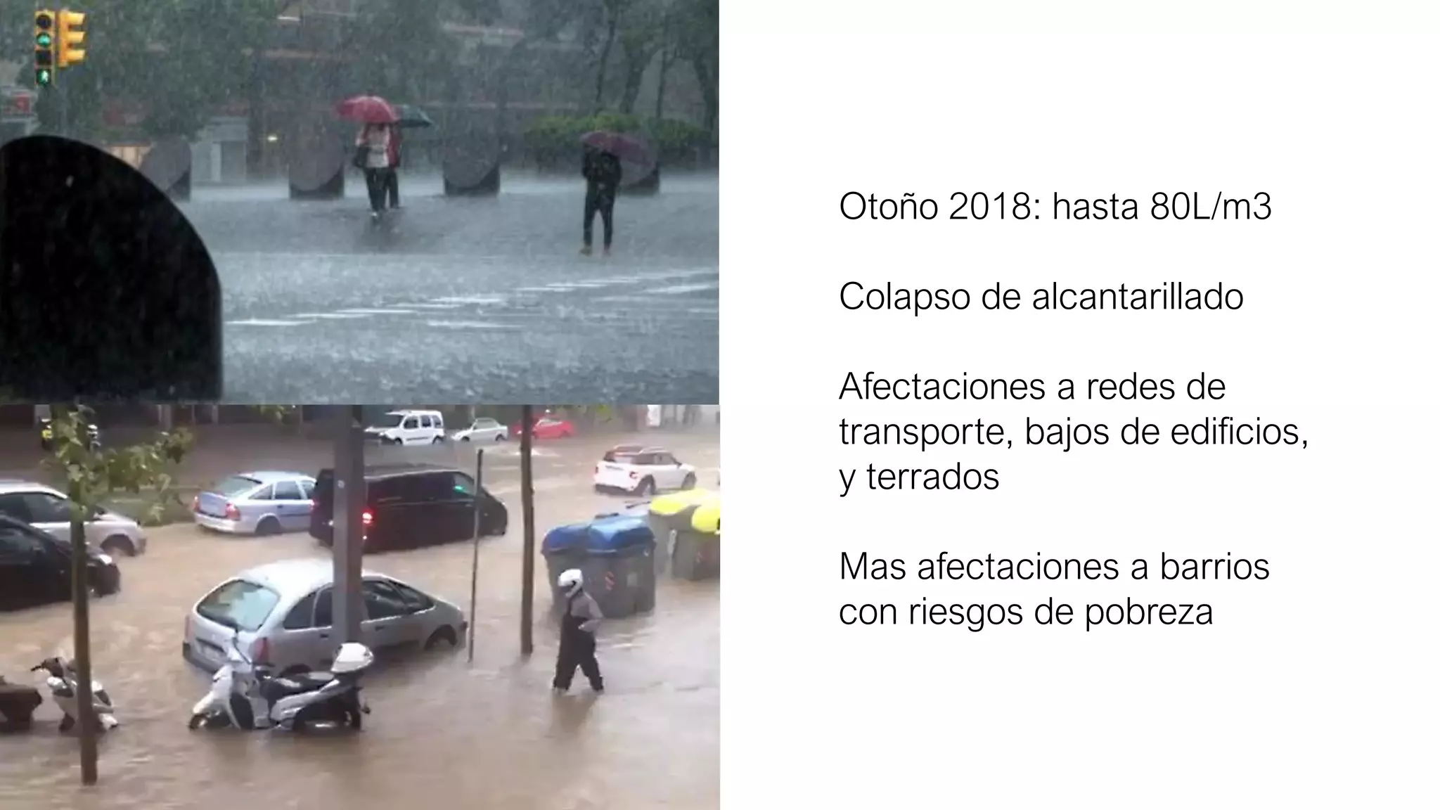Otoño 2018: hasta 80L/m3
Colapso de alcantarillado
Afectaciones a redes de
transporte, bajos de edificios,
y terrados
Mas afectaciones a barrios
con riesgos de pobreza
 
