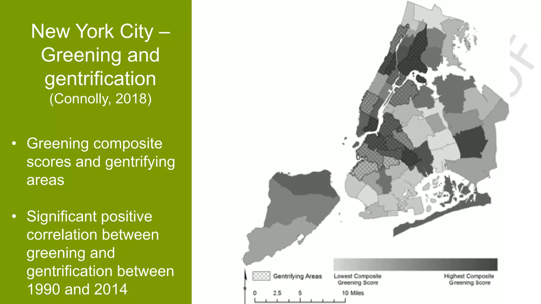 • Greening composite
scores and gentrifying
areas
• Significant positive
correlation between
greening and
gentrification between
1990 and 2014
New York City –
Greening and
gentrification
(Connolly, 2018)
 