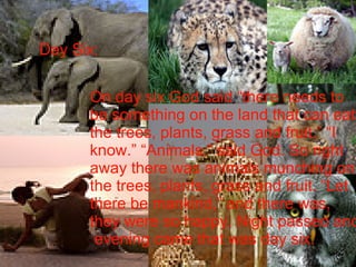 Day Six: On day six God said “there needs to be something on the land that can eat  the trees, plants, grass and fruit.” “I  know.” “Animals,” said God. So right  away there was animals munching on the trees, plants, grass and fruit. “Let  there be mankind,” and there was,  they were so happy. Night passed and evening came that was day six.  