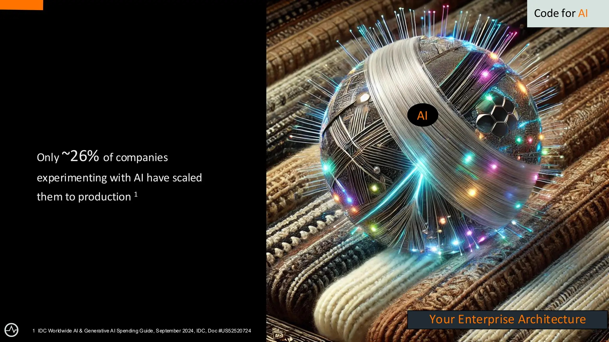 24
Only ~26% of companies
experimenting with AI have scaled
them to production 1
Your Enterprise Architecture
AI
Code for AI
1 IDC Worldwide AI & Generative AI Spending Guide, September 2024, IDC, Doc #US52520724
 