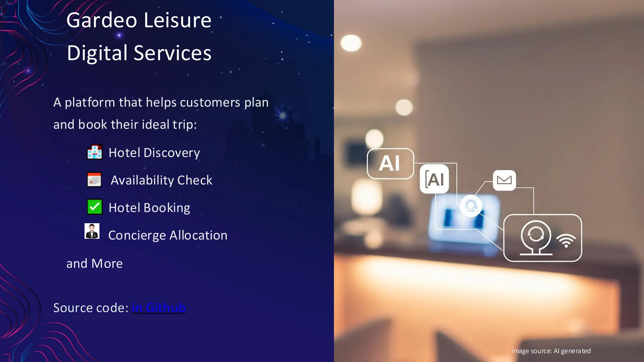 Gardeo Leisure
Digital Services
A platform that helps customers plan
and book their ideal trip:
Hotel Discovery
Availability Check
Hotel Booking
Concierge Allocation
and More
Source code: in Github
Image source: AI generated
 