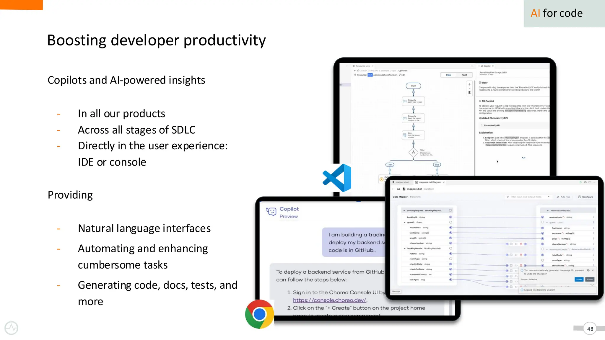 Boosting developer productivity
48
AI for code
Copilots and AI-powered insights
- In all our products
- Across all stages of SDLC
- Directly in the user experience:
IDE or console
Providing
- Natural language interfaces
- Automating and enhancing
cumbersome tasks
- Generating code, docs, tests, and
more
 