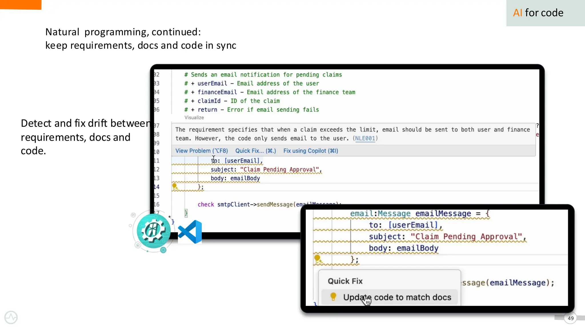 Natural programming, continued:
keep requirements, docs and code in sync
49
AI for code
Detect and fix drift between
requirements, docs and
code.
 
