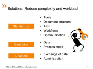 Solutions: Reduce complexity and workload

                                              •   Tools
                                              •   Document structure
          Standardize                         •   Text
                                              •   Workflows
                                              •   Communication

                                              • Data
           Centralize
                                              • Process steps

                                              • Exchange of data
            Automate
                                              • Administration

© Fleury & Fleury GbR, www.fleuryfleury.com                            4
 