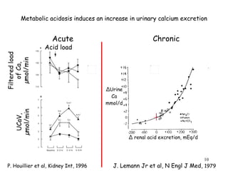 Metabolic acidosis induces an increase in urinary calcium excretion Acute Chronic P. Houillier et al, Kidney Int, 1996 J. Lemann Jr et al, N Engl J Med,  1979 UCaV, µmol/min Filtered load of Ca, µmol/min Acid load 