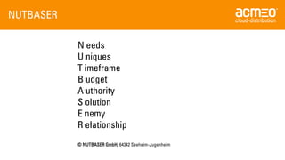 NUTBASER 
N eeds 
U niques 
T imeframe 
B udget 
A uthority 
S olution 
E nemy 
R elationship 
© NUTBASER GmbH, 64342 Seeheim-Jugenheim  