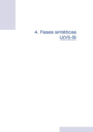 [Bruno, 1989a] Bruno J. y Puigdomènech I. (1989). Vali-dation 
of the SKBU1 uranium thermodynamic data 
base for its use in geochemical calculations with 
EQ3/6. Sci. Basis fon Nucl. Waste Manag. XII, 127, 
887-896. Ed. W. Lutze y R.C. Ewing. 
[Bruno,1989b] Bruno J. y Sandino A. (1989). The solubility 
of amorphous and crystalline schoepite in neutral to 
alkaline aqueous solutions. Mat. Res. Soc. Symp. 
Proc., 127, 871-878. 
[Bruno, 1992] Bruno J., Casas I. y Sandino A. (1992). 
Static and dynamic SIMFUEL dissolution studies un-der 
oxic conditions. Journal of Nuclear Materials, 
190, 61-69. 
[Bruno, 1991] Bruno J., Casas I. y Puigdomènech I. 
(1991). The kinetics of dissolution of UO2 under re-ducing 
conditions and the influence of an oxidized 
surface layer (UO2+x): Application of a continuous 
flow-through reactor. Geochim. et Cosmochim. 
Acta, 55, 647-658. 
[Bruno, 1999] Bruno J., Cera E., Rollin C., Grivé M., El 
Aamrani F., Casas I. y de Pablo J. (1999). Redox 
processes in Palmottu uranium deposit. Pendiente de 
publicación en el Final Report of the Fourth Euro-pean 
Union Framework Program. 
[Cama, 1998] Cama J. (1998). Cinètica de la reacció de 
dissolució de l’esmectita: llei experimental i modelit-zació. 
Tesi doctoral. Universitat de Barcelona. 
[Caroll, 1988] Carroll-Webb S.A. y Walther J.V. (1988). A 
surface complex reaction model for the pH-depen-dence 
of corundum and kaolinite dissolution rates. 
Geochim. et Cosmochim. Acta, 52, 2609-2623. 
[Casas, 1994] Casas I., Bruno J., Cera E., Finch R.J. y 
Ewing R.C. (1994). Kinetic and thermodynamic stu-dies 
of uranium minerals. Assessment of the 
long-term evolution of spent nuclear fuel. SKB Tech-nical 
Report 94-16. 
[Casas, 1998] Casas I., de Pablo J., Giménez J., Torrero 
M.E., Bruno J., Cera E., Finch R.J. y Ewing R.C. 
(1998). The role of pe, pH and carbonate on the so-lubility 
of UO2 and uraninite under nominally redu-cing 
conditions. Geochim. et Cosmochim. Acta, 62, 
2223-2231. 
[Cera, 1996] Cera E. (1996). Estudis termodinàmics i 
cinètics de dissolució de fases naturals d’urani re-presentatives 
d’un procés d’alteració oxidativa de 
l’òxid d’urani (IV). Analogia amb el comportament i 
amb l’evolució a llarg terme d’un repositori de resi-dus 
radioactius. Tesis Doctoral. Universitat Autòno-ma 
de Barcelona. 
[Ciavatta, 1979] Ciavatta L., Ferri D., Grimaldi M., Pa-lombari 
R. y Salvatore F. (1979). Dioxouranium (VI) 
carbonate complexes in acid solution. J. Inorg. Nucl. 
Chem., 41, 1175. 
[Ciavatta, 1981] Ciavatta L., Ferri D., Grenthe I. y Salva-tore 
F. (1981). The first acidification step of the 
tris(carbonato)dioxouranate (VI) ion, UO2(CO3)3 
4-. 
Inorg. Chem., 20, 463. 
3. Fases naturales de UO2 
[Curtis, 1989] Curtis D., Benjamin T., Gancarz A., Loss R., 
Rosman K., De Laeter J., Delmore J.E. y Maeck W.J. 
(1989). Fission product retention in the Oklo natural 
fission reactors. Applied Geochemistry, 4, 49-62. 
[Davis, 1990] Davis J.A. y Kent D.B. (1990). Surface com-plexation 
modeling in aqueous geochemistry. In Re-view 
in Mineralogy: Mineral Water Interface Geoche-mistry 
(Eds. M.F. Hochella Jr. y A.F. White), 23, 
Chap. 5, 177-260. Mineralogical Society of America. 
[de Pablo, 1992] de Pablo J., Duro L., Giménez J., Havel 
J., Torrero M.E. y Casas I. (1992). Fluorimetric de-termination 
of traces of uranium (VI) in brines and 
iron (III) oxides using separation on an activated sili-ca 
gel column. Anal. Chim. Acta, 264, 115. 
[de Pablo, 1999] de Pablo J., Casas I., Giménez J., Mole-ra 
M., Rovira M., Duro L. y Bruno J. (1999). The oxi-dative 
dissolution mechanism of uranium dioxide. 
The effect of temperature in hydrogen carbonate 
medium. Geochim. et Cosmochim. Acta, 63, No 
19/20, 3097-3103. 
[Finch, 1992a] Finch R.J. y Ewing R.C. (1992). The corro-sion 
of uraninite under oxidizing conditions. Journal 
of Nuclear Materials, 190, 133-156. 
[Finch, 1992b] Finch R.J., Miller M.L. y Ewing R.C. (1992). 
Cyclic weathering of natural uranyl oxide hydrates: 
Schoepite polytypes and dehydration effects. Radio-chim. 
Acta, 58/59, 433. 
[Forsyth, 1986] Forsyth R.S., Werme L.O. y Bruno J. (1986). 
The corrosion of spent UO2 fuel in synthetic ground-water. 
Journal of Nuclear Materials, 138, 1-15. 
[Forsyth, 1992] Forsyth R.S. y Werme L.O. (1992). Spent 
fuel corrosion and dissolution. Journal of Nuclear 
Materials, 190, 3-19. 
[Frondel, 1958] Frondel C. (1958). Systematic Mineralogy 
of Uranium and Thorium. Geological Survey Bulletin 
1064. Washington, U.S. 
[Furrer, 1986] Furrer G. y Stumm W. (1983). The role of 
surface coordination in the dissolution of -Al2O3 in 
dilute acids. Chimia, 37, 338-341. 
[Ganor, 1995] Ganor J., Mogollón J.L. y Lasaga A.C. 
(1995). The effect of pH on kaolinite dissolution ra-tes 
and on activation energy. Geochim. et Cosmo-chim. 
Acta, 59, 1037-1052. 
[Gauthier-Lafaye, 1989ª] Gauthier-Lafaye F. y Weber F. 
(1989). The Francevillian (lower Proterozoic) ura-nium 
ore deposits of Gabon. Economic Geology, 
84, 2267-2285. 
[Gauthier-Lafaye, 1989b] Gauthier-Lafaye F. Y Weber F. 
(1989). Natural fission reactors of Oklo. Economic 
Geology, 84, 2286-2295. 
[Gauthier-Lafaye, 1996] Gauthier-Lafaye F., Holliger P. y 
Blanc P.L. (1996). Natural fission reactors in the 
Franceville basin, Gabon: A review of the conditions 
and results of a “critical event” in a geologic system. 
Geochim. et Cosmochim. Acta, 60, 4831-4852. 
93 
 