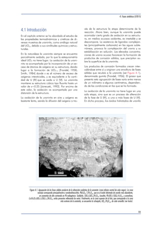 [Pourcelot, 1999] Pourcelot L. y Gauthier-Lafaye F. 
(1999). Hydrothermal and supergene clays of the 
Oklo natural reactors: conditions of radionuclide re-lease, 
migration and retention. Chemical Geology, 
157, 155-174. 
[Quiñones, 1998] Quiñones J., García-Serrano J., Serra-no 
J.A., Díaz-Arocas P. y Almazan J.L.R. (1998). 
SIMFUEL y UO2 solubility and leaching behavior un-der 
anoxic conditions. Mat. Res. Soc. Symp. Proc., 
506, 247-252. 
[Rai, 1990] Rai D., Felmy A.R. y Ryan J.L. (1990). Ura-nium 
(IV) hydrolysis constants and solubility product 
of UO2.xH2O (am). Inorg. Chem., 29, 260-264. 
[Ryan, 1993] Ryan J.L. y Rai D. (1983). The solubility of 
uranium (IV) hydrous oxide in sodium hydroxide so-lutions 
under reducing conditions. Polyhedron, 2, 
947-952. 
[Rimstidt, 1986] Rimstidt J.D. y Dove P.M. (1986). Mine-ral/ 
solution reaction rates in a mixed flow reactor: 
Wallastonite hydrolysis. Geochim. et Cosmochim. 
Acta, 50, 2509-2516. 
[Robbins, 1978] Robbins J.C. (1978). Can. Inst. Mining 
and Metall. Bulletin, 71, 61-67. 
[Rothenberg, 1987] Rothenberg S.J., Flynn D.K., Eidson 
A.F., Mewhinney J.A. y Newton G.J. (1987). Deter-mination 
of specific surface area by krypton adsorp-tion. 
Comparison of three different methods of de-termining 
surface area and evaluation of different 
specific surface area standards. Journal of Colloid 
and Interface Science, 116, 541-554. 
[Sandino, 1991] Sandino A., Casas I., Ollila K. y Bruno J. 
(1991). SIMFUEL dissolution studies in granitic 
groundwater at 25 °C. Mat. Res. Soc. Symp. Proc., 
212, 221-228. 
[Sère, 1996] Sère V. (1996). Géochimie des minéraux 
néoformés à Oklo (Gabon), histoire géologique du 
bassin d’Oklo: une contribution pour les études de 
stockages géologiques de déchets radioactifs. Tesis 
doctoral. Université de Paris VII. 
[Serrano, 1997] Serrano J.A., Rondinella V.V., Glatz J.P., 
Toscano E.H., Quiñones J., Díaz-Arocas P.P. y Gar-cía- 
Serrano J. (1997). Comparison of the leaching 
behavior of irradiated fuel, SIMFUEL and non-irra-diated 
UO2 under oxic conditions. Migration’98. 
Sendai, Japan. 
[Shortmann, 1958] Shortmann W.E. y De Sesa M.A. 
(1958). Kinetics of the dissolution of uranium dioxide 
in carbonate-bicarbonate solutions. Proc. Second 
United Nations International Conference on the Pea-ceful 
Uses of Atomic Energy, 3, 333-341. 
[Sing, 1985] Sing K.S.W., Everett D.H., Haul R.A.W., 
Moscou L., Pierotti R.A., Rouquérol J. y Siemieniews-ka 
T. (1985). Reporting physisorption data for 
gas/solid systems with special reference to the deter-mination 
of specific area and porosity. Pure and 
Appl. Chem., 57, 603-619. 
3. Fases naturales de UO2 
[Some Lab, 1959] Some Laboratory Methods in Current 
Use at the Department of Inorganic Chemistry. 
(1959). The Royal Institute of Technology, Mimeo-graph, 
Stockholm. 
[Stumm, 1996] Stumm W. y Morgan J.J. (1981). Aquatic 
Chemistry. Chemical Equilibria and Rates in Natural 
Waters. John Wiley  Sons. 3rd Ed. New York. 
[Stroes-Gascoyne, 1985] Stroes-Gascoyne S., Johnson 
L.H., Beeley P.A. y Sellinger D.M. (1985). Dissolu-tion 
of used CANDU fuel at various temperatures 
and redox conditions. Mat. Res. Soc. Symp. Proc., 
50, 317-326. 
[Sunder, 1981] Sunder S., Shoesmith D.W., Bailey M.G., 
Stanchell F.W. y McIntyre N.S. (1981). Anoxic oxida-tion 
of UO2. Part I. Electrochemical and X-ray pho-toelectron 
spectroscopic studies in neutral solutions. 
J. Electroanal. Chem., 130, 163-179. 
[Sunder, 1990] Sunder, S., Boyer G.D. y Miller N.H. (1990). 
XPS studies of UO2 oxidation by alpha radiolysis of wa-ter 
at 100 °C. Journal of Nuclear Materials. 
[Thomas, 1984] Thomas G.F. y Till G. (1984). The disso-lution 
of unirradiated UO2 fuel pellets under simula-ted 
disposal conditions. Nucl. Waste Management, 
5, 141-147. 
[Torrero, 1991] Torrero M.E., Casas I., Aguilar M., de Pa-blo 
J., Giménez J. y Bruno J. (1991). The solubility 
of unirradiated UO2 in both perchlorate and chlori-de 
test solutions. Influence of the ionic medium. Ma-ter. 
Res. Soc. Symp. Proc., 212, 229-234. 
[Torrero, 1995] Torrero M.E. (1995). Estudio de la disolu-ción 
del UO2 como análogo químico de la matriz 
del combustible nuclear irradiado. Influencia de los 
principales parámetros fisico-químicos que definen 
los repositorios en medios salino y granítico. Tesis 
doctoral. Universitat de Barcelona. 
[Torrero, 1997] Torrero M.E., Baraj E., de Pablo J., Gimé-nez 
J. y Casas I. (1997). Kinetics of corrosion and 
dissolution of uranium dioxide as a function of pH. 
Int. J. Chem. Kinet., 29, 261-267. 
[Tremaine, 1981] Tremaine P.R., Chen J.D., Wallace G.J. 
y Boivin W.A. (1981). Solubility of uranium in alkali-ne 
aqueous solutions to 300 °C. J. of Solution Che-mistry, 
10 (3), 221-230. 
[Wang, 1982] Wang R. y Katayama Y.B. (1982). Dissolu-tion 
mechanisms for UO2 and spent fuel. Nucl. and 
Chem. Wast. Manag., 3, 83-90. 
[Wikberg, 1987] Wikberg P. (1987). The chemistry of 
deep groundwaters in crystalline rocks. Tesis Docto-ral. 
Royal Institute of Technology (KTH). 
[Wronkiewicz, 1992] Wronkiewicz D.J., Bates J.K., Ger-ding 
T.J., Veleckis E. y Tani B.S. (1992). Uranium re-lease 
and secondary phase formation during unsatu-rated 
testing of UO2 at 90°C. Journal of Nuclear 
Materials, 190, 107-127. 
95 
 
