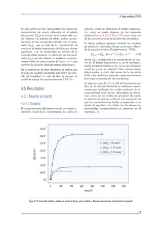dió la zona de estabilidad de cada silicato, en fun-ción 
de la concentración de calcio y silicio en el 
medio (ver Figura 4.22). Las constantes de forma-ción 
utilizadas para la confección del diagrama se 
han extraído de la base de datos del SKBU [Bruno, 
1989b]. 
En la Tabla 4.2 se muestra la composición de la so-lución 
lixiviante, seleccionada en función de dicho 
diagrama, para cada una de las fases sólidas. En el 
caso de la soddyíta, el perclorato de sodio se utilizó 
para obtener una fuerza iónica de 0.01 mol dm-3 y 
evitar otra complejación del uranio diferente a la 
del ion hidroxilo o carbonato. En el caso de la ura-nofana, 
4. Fases sintéticas U(VI)-Si 
la fuerza iónica resultante fue 0.033 mol 
dm-3. Esta fuerza iónica no fue suficientemente alta 
para compensar el aumento de la misma, debido al 
proceso de disolución del sólido. 
En el caso de la uranofana, a pesar de la presencia 
de bicarbonato en la solución ensayo, no se consi-guió 
estabilizar el uranio en disolución, observándo-se 
la precipitación de fases secundarias. Esta precipi-tación 
no se observó en experimentos realizados 
posteriormente, utilizando como solución ensayo 
únicamente agua destilada, con la correspondiente 
concentración de bicarbonato. Los resultados que se 
discutirán en este trabajo serán, pues, estos últimos. 
115 
uranofana 
becquerelita 
20 
10 
0 
-10 
-20 
soddyíta 
log[H SiO ] 4 4 
log[Ca ]2+ 
schoepita 
-20 -10 0 10 20 
Figura 4.22. Diagrama de predominio de fases sólidas en función de la concentración de calcio y silicio del medio. 
Tabla 4.2 
Composición de la solución lixiviante para la uranofana y para la soddyíta obtenida a partir del diagrama de predominio de fases 
confeccionado utilizando la base de datos del SKBU [Bruno, 1989b]. 
Uranofana Soddyíta 
10-3 mol dm-3 NaSiO10-3 mol dm-3 NaSiO23 23 
10-2 mol dm-3 Ca(ClO)· 4HO 710-3 mol dm-3 NaClO· HO 
42 24 2[HCO]= 10-3– 2 10-2 mol dm-3 [HCO3 
3 
]= 10-3– 2 10-2 mol dm-3 
 
