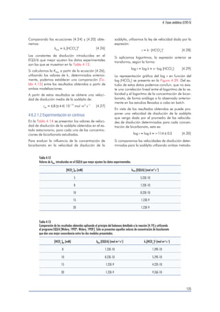 versos estudios de disolución de cuarzo, feldespatos 
y otros silicatos [Wollast, 1985; Knauss, 1986; Hel-geson, 
1984; Murphy, 1987, 1989], así como en 
la determinación de velocidades de disolución de 
diversas muestras de uraninita, uranofana y bec-querelita 
[Cera, 1996], ha sido muy satisfactoria. 
La velocidad del proceso global dado por la reac-ción 
[4.19] puede expresarse como: 
r 
  k HCO   [ ] 
d U 
dt 
6 
[ ] 1 3 
[ ( ) ] [ ][ ]2 [4.20] 
  k 1 UO2 CO3 3 H SiO H 
  
4 2 
4 4 
Reorganizando la ecuación anterior, obtenemos una 
expresión que nos da la evolución de la concentra-ción 
de uranio con el tiempo en cada experimento: 
d U 
  [4.21] 
 
  
k HCO k Si H U 
dt 
U [ ] t 
[ ] [ ][ ][] 
[ ] 
1 3 
6 
1 
2 2 
0 0 
 
Con la finalidad de resolver esta ecuación se han 
realizado algunas aproximaciones. Primeramente, 
se ha considerado que, tanto la concentración de 
bicarbonato como el pH, permanecen constantes a 
lo largo del tiempo experimental. Esta suposición es 
considerada razonable, ya que la concentración de 
bicarbonato no se ve afectada en gran medida por 
el proceso de disolución, y el pH se mantiene apro-ximadamente 
constante en el sistema, al estar tam-ponado 
por el bicarbonato. 
Por otro lado, la liberación de silicio en la reacción 
de disolución se ha considerado no significativa, 
comparada con la concentración inicial de este ele-mento 
en solución. Teniendo en cuenta este hecho, 
a la hora de modelizar los resultados obtenidos su-pondremos 
que la concentración de silicio se man-tiene 
constante en un valor de 10-3 mol dm-3, que 
corresponde a la concentración inicial de silicio en 
solución. Los cálculos realizados con el programa 
HARPHRQ [Brown, 1991], asumiendo una disolu-ción 
congruente del silicio y del uranio, han mostra-do 
que esta aproximación puede ser considerada ra-zonable 
para la mayoría de experimentos realizados. 
Teniendo en cuenta estas aproximaciones, al inte-grar 
la expresión [4.21] entre los límites indicados, 
obtenemos la ecuación: 
[ ] 
[ ] 
[ ] [ ] 
  
 
[ ][ ] 
U 
k HCO 
k Si H 
k Si H 
k 
 
 
  
 
 
 
 
     
1 3 
6 
1 
2 
2 
10 
1 
2 1 3 
6 
1 
2 
1 
2 1 
 
1 
10 
2 
 
  
 
    
 
 
 
 
 
 
 
[ ] 
[ ][ ] 
[ ][ ] 
HCO 
k Si H 
t 
k Si H 
k[ HCO 
] 
[ ][ ] 
k Si H 
t 
3 
6 
1 
2 1 
 
 
   
 
 
 
 
 
[4.22] 
4. Fases sintéticas U(VI)-Si 
Los resultados obtenidos a partir del ajuste de la 
ecuación [4.22] a los datos experimentales, consi-derando 
sólo aquellos experimentos realizados a 
concentraciones de bicarbonato superiores a 5 
mM, son los que se muestran en las Figuras 4.34 a 
4.38. En ellas se ha representado también la evolu-ción 
de la concentración de uranio en solución du-rante 
las primeras horas de cada experimento. 
Como puede observarse, si bien el ajuste global del 
modelo es bueno, no sucede lo mismo durante las 
primeras horas de experimentación. Una posible ex-plicación 
es que, al rellenar repetidamente, inicial-mente 
ya existe una cierta concentración de uranio 
en disolución, lo cual puede inducir a un error al 
intentar calcular una velocidad inicial de disolución. 
Las constantes cinéticas de las reacciones directa 
(k1) e inversa (k-1 ) correspondientes al proceso 
[4.19], se han determinado a partir del mejor ajuste 
obtenido para cada experimento. A partir de estos 
valores (Tabla 4.11), se han calculado las constan-tes 
de equilibrio de dicha reacción [4.19], conside-rando 
la relación: 
K 
k 
k eq 
1 
1 
 
[4.23] 
obtenida a partir de la aplicación del principio del 
balanceo detallado a la reacción [4.19]. 
Por otro lado, a partir de estas constantes de equili-brio, 
se han determinado los valores correspondien-tes 
al producto de solubilidad de la soddyíta, que 
aparecen en la última columna de la Tabla 4.11. 
Debido a la gran diferencia existente entre los valo-res 
obtenidos para una concentración de bicarbo-nato 
de 5 mM y los obtenidos para el resto de con-centraciones, 
a la hora de dar un valor medio del 
producto de solubilidad se han escogido sólo las 
constantes correspondientes a una concentración 
de bicarbonato comprendida entre 8 y 20 mM, que 
son los que aparecen marcados en negrita en la 
Tabla 4.11. 
El valor medio obtenido es 4.3±0.6, el cual está en 
concordancia con la constante de solubilidad cal-culada 
a partir de los datos de equilibrio de la sec-ción 
anterior, que fue 3.9±0.7. Este resultado da 
confianza a las aproximaciones hechas en el proce-so 
de modelización. 
Finalmente, los resultados experimentales han sido 
también modelizados utilizando el programa de mo-delización 
geoquímica EQ3/6 [Wolery, 1992a; Wo-lery, 
1992b], que permite integrar leyes cinéticas 
para estudiar la evolución de los diferentes compo- 
131 
 