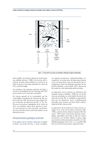 Estudios de disolución de análogos naturales del combustible nuclear irradiado y de fases de U(VI)-Silicio... 
Límite 
de grano 
de la pastilla, tiene lugar la liberación de las espe-cies 
volátiles [Johnson, 1988]. Una fracción del in-ventario 
de estos radionucleidos se acumula en el 
límite de grano y otra parte abandona la matriz de 
UO2 y pasa al huelgo. 
Los actínidos y los restantes productos de fisión y 
activación (procedentes de las impurezas del UO2) 
se encuentran en la matriz del combustible. 
De manera general se ha comprobado que los 
combustibles procedentes de reactores de alta po-tencia 
del tipo LWR (reactores de agua ligera) tie-nen 
inclusiones de aleaciones de Mo, Tc, Ru, Rh, 
Pd que se encuentran segregadas de la matriz de 
UO2. Los actínidos, tierras raras, estroncio y zirco-nio 
se encuentran en forma de óxido. Los lantáni-dos 
y los actínidos forman soluciones sólidas con el 
dióxido de uranio. 
Almacenamiento geológico profundo 
En la gestión de los residuos radiactivos se deben 
combinar soluciones técnicas, a veces complejas, 
Matriz 
(UO ) 2 
con aspectos económicos, medioambientales y so-ciopolíticos. 
La combinación de todos estos factores 
no es una tarea fácil, como así demuestran las in-vestigaciones 
sobre las diferentes opciones de dis-posición 
llevadas a cabo desde 1957, algunas de 
las cuales han sido descartadas definitivamente. 
La disposición de los residuos en sedimentos del 
subsuelo oceánico [Hollister, 1998] fue una de las 
opciones estudiadas en profundidad durante la dé-cada 
de los años 80. La viabilidad y seguridad de 
este tipo de disposición fueron cuidadosamente 
evaluadas, pero tuvieron que hacer frente a dificul-tades 
de ámbito internacional. 
La disposición de los residuos en fosas marinas, si-tuadas 
en la unión de las placas tectónicas [Fyfe, 
1984], y el envío de los residuos al espacio [Mc Me-namin, 
1997] fueron otras de las opciones contem-pladas, 
descartadas más tarde no sólo por motivos 
económicos, sino también debido al grave riesgo 
que encierran ambas propuestas, asociado a la ines-tabilidad 
geológica de la zona y a un posible fallo 
técnico durante el lanzamiento, respectivamente. 
14 
Vaina 
Huelgo 
14 
129 
135 
79 
125 
3 
C 
I 
Cs 
Se 
Sn 
H 
14 
129 
135 
79 
99 
125 
107 
3 
C 
I 
Cs 
Se 
Tc 
Sn 
Pd 
H 
Actínidos 
98% 
de productos 
de fisión 
Grieta 
Poro 
(matriz) 
Figura 1.3. Zonas dentro de una barra de combustible y distribución de algunos radionucleidos. 
 
