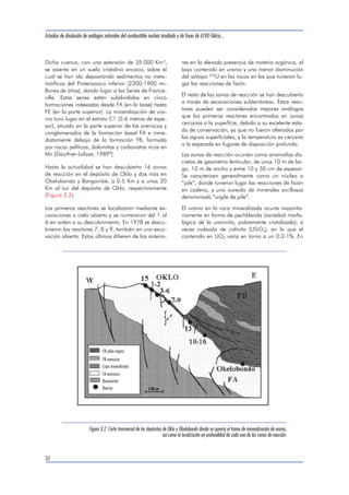 Estudios de disolución de análogos naturales del combustible nuclear irradiado y de fases de U(VI)-Silicio... 
Dicha cuenca, con una extensión de 35.000 Km2, 
se asienta en un suelo cristalino arcaico, sobre el 
cual se han ido depositando sedimentos no meta-mórficos 
del Proterozoico inferior (2300-1900 mi-llones 
de años), dando lugar a las Series de France-ville. 
Estas series están subdivididas en cinco 
formaciones indexadas desde FA (en la base) hasta 
FE (en la parte superior). La mineralización de ura-nio 
tuvo lugar en el estrato C1 (5-6 metros de espe-sor), 
situado en la parte superior de las areniscas y 
conglomerados de la formación basal FA e inme-diatamente 
debajo de la formación FB, formada 
por rocas pelíticas, dolomitas y carbonatos ricos en 
Mn [Gauthier-Lafaye, 1989ª]. 
Hasta la actualidad se han descubierto 16 zonas 
de reacción en el depósito de Oklo y dos más en 
Okelobondo y Bangombé, a 0.5 Km y a unos 20 
Km al sur del depósito de Oklo, respectivamente 
(Figura 3.2). 
Los primeros reactores se localizaron mediante ex-cavaciones 
a cielo abierto y se numeraron del 1 al 
6 en orden a su descubrimiento. En 1978 se descu-brieron 
los reactores 7, 8 y 9, también en una exca-vación 
abierta. Estos últimos difieren de los anterio-res 
en la elevada presencia de materia orgánica, el 
bajo contenido en uranio y una menor disminución 
del isótopo 235U en las rocas en las que tuvieron lu-gar 
las reacciones de fisión. 
El resto de las zonas de reacción se han descubierto 
a través de excavaciones subterráneas. Estos reac-tores 
pueden ser considerados mejores análogos 
que los primeros reactores encontrados en zonas 
cercanas a la superficie, debido a su excelente esta-do 
de conservación, ya que no fueron alterados por 
las aguas superficiales, y la temperatura es cercana 
a la esperada en lugares de disposición profunda. 
Las zonas de reacción ocurren como anomalías dis-cretas 
de geometría lenticular, de unos 10 m de lar-go, 
10 m de ancho y entre 10 y 50 cm de espesor. 
Se caracterizan generalmente como un núcleo o 
“pile”, donde tuvieron lugar las reacciones de fisión 
en cadena, y una aureola de minerales arcillosos 
denominada “argile de pile”. 
El uranio en la roca mineralizada ocurre mayorita-riamente 
en forma de pechblenda (variedad morfo-lógica 
de la uraninita, pobremente cristalizada), a 
veces rodeada de cofinita (USiO4), en la que el 
contenido en UO2 varía en torno a un 0.2-1%. En 
32 
FB sales negras 
FB areniscas 
Capa mineralizada 
FA areniscas 
Basamento 
Reactor 
Figura 3.2. Corte transversal de los depósitos de Oklo y Okelobondo donde se aprecia el tramo de mineralización de uranio, 
así como la localización en profundidad de cada una de las zonas de reacción. 
 
