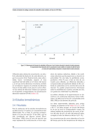 Estudios de disolución de análogos naturales del combustible nuclear irradiado y de fases de U(VI)-Silicio... 
6.E-06 
4.E-06 
2.E-06 
Utilizando estos valores de concentración, se calcu-ló 
la velocidad de disolución de cada elemento, se-gún 
la ecuación [3.6]. Posteriormente, estas veloci-dades 
fueron normalizadas respecto al área 
superficial total del sólido en el interior del reactor 
y, en el caso de los elementos minoritarios, también 
se normalizaron respecto al contenido de elemento 
traza en la fase sólida inicial, para lo cual se utiliza-ron 
los valores de relaciones molares que aparecen 
en el apartado correspondiente a la caracterización 
elemental mediante ICP-MS (Tabla 3.3). 
3.4 Estudios termodinámicos 
3.4.1 Resultados 
Para la realización de los estudios termodinámicos 
se seleccionaron 2 muestras con características bien 
diferenciadas. Por un lado, la uraninita correspon-diente 
a la zona de reacción 10 de Oklo, que ha 
sido considerada por algunos autores [Gaut-hier- 
Lafaye, 1996] como la zona de reacción que 
mejor representa las condiciones de un futuro repo-sitorio 
de residuos radiactivos, debido a las condi-ciones 
reductoras que le proporciona su situación en 
profundidad. Por otro lado, la pechblenda corres-pondiente 
a Mina Fe que, si bien se trata de una 
muestra poco alterada, sus diferencias texturales y 
composicionales (principalmente debido al alto con-tenido 
en carbonatos) con la uraninita de la zona de 
reacción 10, pueden proporcionarnos información 
sobre la solubilidad de muestras naturales de UO2 
con grados de cristalinidad muy diferentes. 
Los sólidos utilizados en la experimentación en dis-continuo 
y en condiciones reductoras, fueron moltu-rados 
y se seleccionó la fracción comprendida entre 
300 y 900 μm de diámetro de partícula. 
Los datos experimentales obtenidos para ambas 
muestras, se presentan en las Tablas 3.6 y 3.7, a 25 
y 60 °C. Los datos recogen, en función del tiempo 
en el que se tomó la correspondiente muestra, los 
valores medidos de concentración de uranio, la lec-tura 
del valor de pH y el valor del potencial redox, 
corregido al valor de referencia del par H2/H+ (Eh). 
Las concentraciones de uranio obtenidas en función 
del tiempo para las dos temperaturas de trabajo se 
50 
1/Q (min/ml) 
y=1E-07x+3E-07 
R =0.9927 2 
[U] (mol/l) 
8.E-06 
0.E+00 
0 10 20 30 40 50 
Figura 3.14 Determinación del intervalo de velocidades de flujo para el cual el sistema alcanzaba la situación de estado estacionario. 
El comportamiento lineal observado entre la concentración de uranio medida en la solución de salida del reactor 
y la inversa del caudal utilizado, demuestran la situación ideal de estado estacionario. 
 