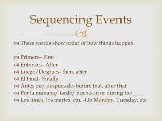 Sequencing Events
             
 These words show order of how things happen.

 Primero- First
 Entonces- After
 Luego/Despues- then, after
 El Final- Finally
 Antes de/ despues de- before that, after that
 Por la manana/ tarde/ noche- in or during the ____
 Los lunes, los martes, ctn. -On Monday, Tuesday, etc
 