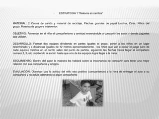 ESTRATEGIA 1 “Relevos en carritos”MATERIAL: 2 Carros de cartón y material de reciclaje, Flechas grandes de papel lustrina, Cinta. Niños del grupo, Maestra de grupo e Interventor.OBJETIVO: Fomentar en el niño el compañerismo y amistad ensenándole a compartir los autos y demás juguetes que utilicen.DESARROLLO: Formar dos equipos dividiendo en partes iguales el grupo, poner a los niños en un lugar determinado y a distancias iguales de 12 metros aproximadamente,  los niños que van a iniciar el juego (uno de cada equipo) metidos en el carrito salen del punto de partida, siguiendo las flechas hasta llegar al compañero numero 2, 3, etc. repitiendo la acción hasta que uno de los equipos logre llegar a la meta.SEGUIMIENTO: Dentro del salón la maestra les hablará sobre la importancia de compartir para tener una mejor relación con sus compañeros y amigos.EVALUACIÓN: Observar que la actitud del niño sea positiva (compartiendo) a la hora de entregar el auto a su compañero y no actúe lastimando a algún compañerito