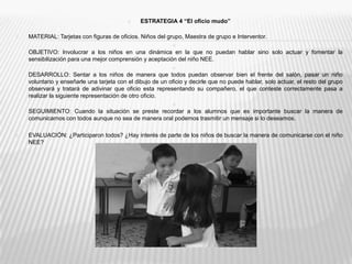 ESTRATEGIA 4 “El oficio mudo”MATERIAL: Tarjetas con figuras de oficios. Niños del grupo, Maestra de grupo e Interventor.OBJETIVO: Involucrar a los niños en una dinámica en la que no puedan hablar sino solo actuar y fomentar la sensibilización para una mejor comprensión y aceptación del niño NEE.DESARROLLO: Sentar a los niños de manera que todos puedan observar bien el frente del salón, pasar un niño voluntario y enseñarle una tarjeta con el dibujo de un oficio y decirle que no puede hablar, solo actuar, el resto del grupo observará y tratará de adivinar que oficio esta representando su compañero, el que conteste correctamente pasa a realizar la siguiente representación de otro oficio.SEGUIMIENTO: Cuando la situación se preste recordar a los alumnos que es importante buscar la manera de comunicarnos con todos aunque no sea de manera oral podemos trasmitir un mensaje si lo deseamos. EVALUACIÓN: ¿Participaron todos? ¿Hay interés de parte de los niños de buscar la manera de comunicarse con el niño NEE?