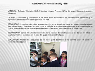 ESTRATEGIA 5 “Película HappyFeet”MATERIAL:  Película, Televisión, DVD, Palomitas y jugos, Premios. Niños del grupo, Maestra de grupo e Interventor.OBJETIVO: Sensibilizar y concientizar a los niños sobre la diversidad de características personales y la importancia de la aceptación de las personas con NEE.DESARROLLO: Incentivar a los niños a poner atención, poner la película, hacer un receso a media película para que se paren y descansen, volver a poner la película, al terminar hacer preguntas de lo que entendieron  y hacer una reflexión para aceptarse y relacionarse con las demás personas sin hacer diferencias. SEGUIMIENTO: Dentro del salón la maestra les narre historias de sensibilización a fin  de que los niños se acepten y traten de socializar con el resto del grupo sin excepción alguna.EVALUACIÓN: Analizar las respuestas de los niños para determinar si la película causo el efecto de sensibilización esperado 