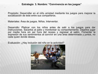 Estrategia  3. Nombre: “Convivencia en los juegos” Propósito: Desarrollar en el niño amistad mediante los juegos para mejorar la socialización de éste entre sus compañeros. Materiales: Área de juegos. Niños. Interventor.  Desarrollo: Platicar con los niños antes de salir a los juegos para dar instrucciones. Sacarlos al patio y monitorear su comportamiento. Dejarlos jugar por media hora sin ser hora del receso y regresar al salón. Fomentar la expresión de sus sentimientos al convivir en una área determinada y juntos, no cada quien donde desea.   Evaluación: ¿Hay inclusión del niño en la actividad? 