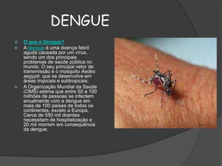 DENGUE
 O que é Dengue?
 A dengue é uma doença febril
aguda causada por um vírus,
sendo um dos principais
problemas de saúde pública no
mundo. O seu principal vetor de
transmissão é o mosquito Aedes
aegypti, que se desenvolve em
áreas tropicais e subtropicais.
 A Organização Mundial da Saúde
(OMS) estima que entre 50 a 100
milhões de pessoas se infectem
anualmente com a dengue em
mais de 100 países de todos os
continentes, exceto a Europa.
Cerca de 550 mil doentes
necessitam de hospitalização e
20 mil morrem em consequência
da dengue.
 