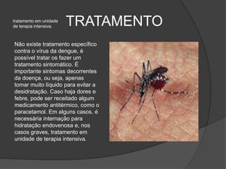 TRATAMENTO
Não existe tratamento específico
contra o vírus da dengue, é
possível tratar os fazer um
tratamento sintomático. É
importante sintomas decorrentes
da doença, ou seja, apenas
tomar muito líquido para evitar a
desidratação. Caso haja dores e
febre, pode ser receitado algum
medicamento antitérmico, como o
paracetamol. Em alguns casos, é
necessária internação para
hidratação endovenosa e, nos
casos graves, tratamento em
unidade de terapia intensiva.
tratamento em unidade
de terapia intensiva.
 