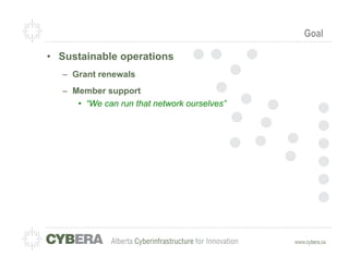 Goal

•  Sustainable operations
   –  Grant renewals
   –  Member support
       •  “We can run that network ourselves”
 