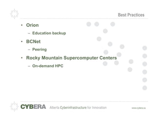 Best Practices

•  Orion
   –  Education backup

•  BCNet
   –  Peering

•  Rocky Mountain Supercomputer Centers
   –  On-demand HPC
 