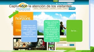 Capturando la atención de los visitantes

Usted tiene sólo
cuatro segundos
( eso es correcto
- Cuatro
segundos) para
hacer una
primera impresión

tiempo suficiente
sólo para el
cerebro a
reaccionar a
base de emoción
para reaccionar a
color, el diseño ,
el diseño , la
navegación (tal
vez) , y tal vez un
título

Se fue…

 
