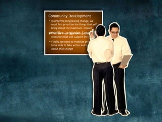 mobilize
mobilize
support the priorities
• Then we must schedules and
resources that will
organizeprioritize organize
Community
maximum impact
Development
• In order to bring lasting change, we
must first the things that will
bring about the
about that change
• Finally, we need to people
to be able to take action and bring
prioritize
 