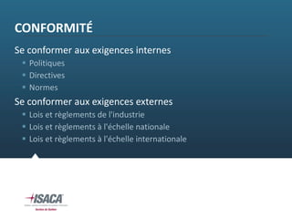 13
CONFORMITÉ
Se conformer aux exigences internes
 Politiques
 Directives
 Normes
Se conformer aux exigences externes
 Lois et règlements de l'industrie
 Lois et règlements à l'échelle nationale
 Lois et règlements à l'échelle internationale
 