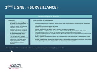 2ÈME LIGNE : «SURVEILLANCE»
 Composition
 Fonction (et/ou comité) de gestion 
des risques qui facilite et surveille la 
mise en œuvre de pratiques 
efficaces de gestion des risques par 
la direction opérationnelle
 Fonction de conformité chargée de 
surveiller divers risques spécifiques 
tels que le non‐respect des lois et 
des réglementations en vigueur 
 Fonction de contrôle de gestion qui 
d’une part effectue le suivi des 
risques financiers et de l’information 
financière et, d’autre part, assiste 
dans la conception et surveille 
l’efficacité des contrôles non 
financiers
Deuxième ligne de défense
Prise de position de l’IIA : Les trois lignes de maîtrise pour une gestion des risques et un contrôle efficace – janvier 2013
 Parmi les rôles et les responsabilités :
 Soutenir les orientations de la direction, définir les rôles et les responsabilités et fixer des objectifs relatifs à leur 
mise en œuvre
 Élaborer des référentiels de gestion des risques 
 Identifier les enjeux connus et émergents 
 Expliciter les évolutions de l'appétit et de la tolérance au risque de l'organisation 
 Aider la direction à mettre au point des processus et des contrôles afin de gérer les risques et les enjeux 
 Émettre des encadrements et donner des formations sur les processus de gestion des risques 
 Faciliter et surveiller la mise en œuvre de pratiques efficaces de gestion des risques par la direction opérationnelle 
(1ère ligne de défense)
 Alerter la direc on opéra onnelle à propos des enjeux émergents et de l'évolu on de la réglementa on ou des 
scénarios de risque 
 Surveiller l'adéquation et l'efficacité du contrôle interne, l'exactitude et l‘intégralité de l’information, la conformité 
aux lois et aux réglementations, et la correction des déficiences en temps opportun
21
 