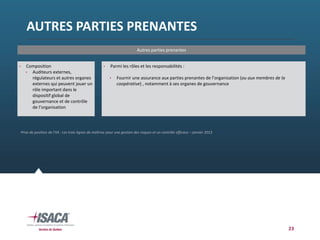 AUTRES PARTIES PRENANTES
23
Autres parties prenantes
 Composition
 Auditeurs externes, 
régulateurs et autres organes 
externes qui peuvent jouer un 
rôle important dans le 
dispositif global de 
gouvernance et de contrôle 
de l’organisation
 Parmi les rôles et les responsabilités :
 Fournir une assurance aux parties prenantes de l’organisation (ou aux membres de la 
coopérative) , notamment à ses organes de gouvernance
Prise de position de l’IIA : Les trois lignes de maîtrise pour une gestion des risques et un contrôle efficace – janvier 2013
 