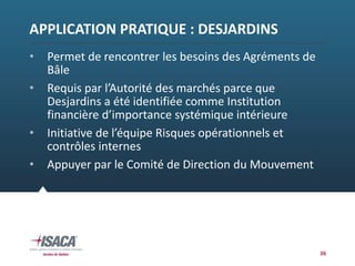 APPLICATION PRATIQUE : DESJARDINS
• Permet de rencontrer les besoins des Agréments de 
Bâle
• Requis par l’Autorité des marchés parce que 
Desjardins a été identifiée comme Institution 
financière d’importance systémique intérieure
• Initiative de l’équipe Risques opérationnels et 
contrôles internes
• Appuyer par le Comité de Direction du Mouvement
26
 