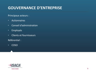 GOUVERNANCE D’ENTREPRISE
Principaux acteurs :
• Actionnaires
• Conseil d’administration
• Employés
• Clients et fournisseurs
Référentiel :
• COSO
5
 