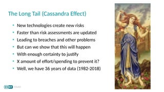 • New technologies create new risks
• Faster than risk assessments are updated
• Leading to breaches and other problems
• But can we show that this will happen
• With enough certainty to justify
• X amount of effort/spending to prevent it?
• Well, we have 36 years of data (1982-2018)
The Long Tail (Cassandra Effect)
1. PC
2. Modem
3. Macros
4. LAN/WAN
5. Internet
6. Email
7. Web 1.0
8. Wi-Fi
9. GPS
10. USB/BT/RFID
11. Web 2.0
12. Smartphones
13. Cloud
14. Connected cars
15. Industry 4.0
16. Blockchain
17. ML/AI
18. Drones
19. 5G
20. Autonomous cars
 