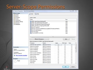 19
Server-Scope Permissions
Server permissions
Server-scope securable permissions
USE master
GRANT ALTER ANY DATABASE
TO [AdventureWorks2008Holly]
USE master
GRANT ALTER
ON LOGIN :: AWWebApp
TO [AdventureWorks2008Holly]
 