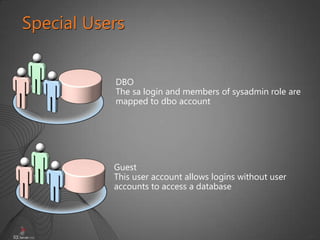27
Special Users
DBO
The sa login and members of sysadmin role are
mapped to dbo account
Guest
This user account allows logins without user
accounts to access a database
 