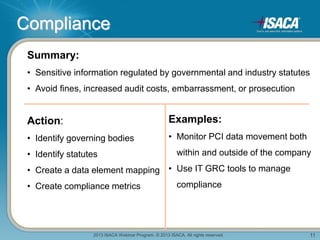 2013 ISACA Webinar Program. © 2013 ISACA. All rights reserved. 11
Compliance
Summary:
• Sensitive information regulated by governmental and industry statutes
• Avoid fines, increased audit costs, embarrassment, or prosecution
Action:
• Identify governing bodies
• Identify statutes
• Create a data element mapping
• Create compliance metrics
Examples:
• Monitor PCI data movement both
within and outside of the company
• Use IT GRC tools to manage
compliance
 