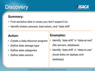 2013 ISACA Webinar Program. © 2013 ISACA. All rights reserved. 14
Discovery
Summary:
• Find sensitive data in areas you don’t expect it to.
• Identify broken process, bad actors, and “data drift”
Action:
• Create a data discover program
• Define data storage type
• Define data categories
• Define data owners
Examples:
• Identify “data drift” in “data-at-rest”
(file servers, database)
• Identify “data drift” in “data-in-use”
(local disks on laptops and
desktops)
 