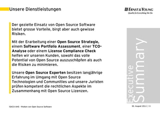 Unsere Dienstleistungen


  Der gezielte Einsatz von Open Source Software
  bietet grosse Vorteile, birgt aber auch gewisse
  Risiken.




                                                         Summary
  Mit der Erarbeitung einer Open Source Strategie,
  einem Software Portfolio Assessment, einer TCO-
  Analyse oder einem License Compliance Check
  helfen wir unseren Kunden, sowohl das volle
  Potential von Open Source auszuschöpfen als auch
  die Risiken zu minimieren.




                                                     Executive
  Unsere Open Source Experten besitzen langjährige
  Erfahrung im Umgang mit Open Source
  Technologien und Communities und unsere Juristen
  prüfen kompetent die rechtlichen Aspekte im
  Zusammenhang mit Open Source Lizenzen.



ISACA AHS – Risiken von Open Source Software               30. August 2011 | 33
 