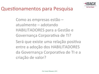 Prof. Andre Pitkowski, 2015
Ques5onamentos	
  para	
  Pesquisa	
  
Como	
  as	
  empresas	
  estão	
  –	
  
atualmente	
  –	
  adotando	
  
HABILITADORES	
  para	
  a	
  Gestão	
  e	
  
Governança	
  Corpora5va	
  de	
  TI?	
  
Será	
  que	
  existe	
  uma	
  relação	
  posi5va	
  
entre	
  a	
  adoção	
  dos	
  HABILITADORES	
  
da	
  Governança	
  Corpora5va	
  de	
  TI	
  e	
  a	
  
criação	
  de	
  valor?	
  
 