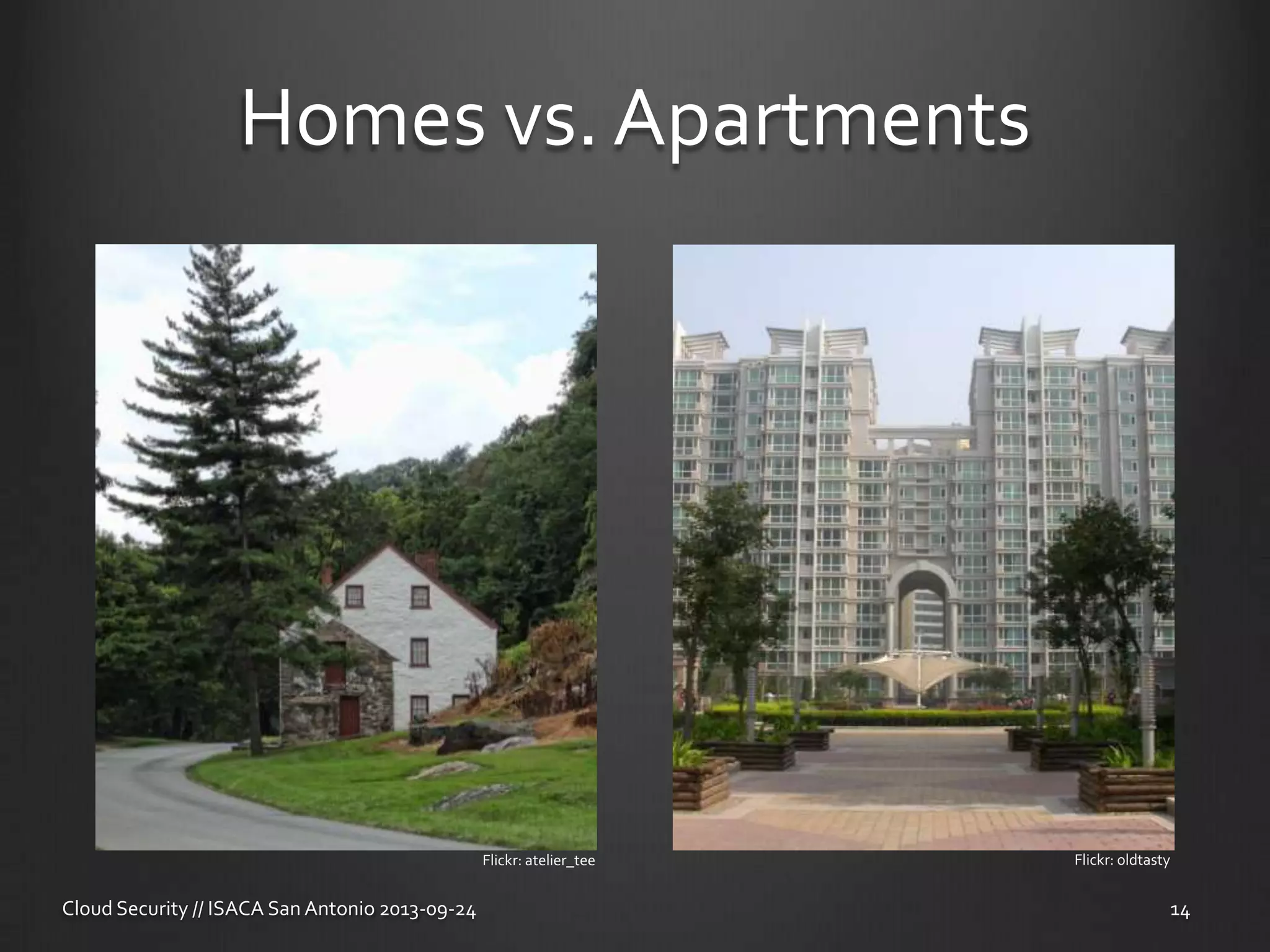 Homes vs. Apartments
Cloud Security // ISACA San Antonio 2013-09-24 14
Flickr: atelier_tee Flickr: oldtasty
 