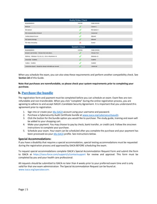 Page | 5
When you schedule the exam, you can also view these requirements and perform another compatibility check. See
Section 2d of this Guide.
Note that purchases are nonrefundable, so please check your system requirements prior to completing your
purchase.
b. Purchase the bundle
The registration form and payment must be completed before you can schedule an exam. Exam fees are non-
refundable and non-transferable. When you click “complete” during the online registration process, you are
agreeing to adhere to and accept ISACA’s Candidate Security Agreement. It is important that you understand this
agreement prior to registration.
1. Sign into or create your My ISACA account using your username and password.
2. Purchase a Cybersecurity Audit Certificate bundle at www.isaca.org/cybersecurityaudit.
3. Click the button for the bundle option you would like to purchase. The study guide, training and exam will
be added to your shopping cart.
4. Make your payment. You may choose to pay by check, bank transfer, or credit card. Follow the onscreen
instructions to complete your purchase.
5. Schedule your exam. Your exam can be scheduled after you complete the purchase and your payment has
been processed via your My ISACA profile. See instructions below.
Special Accommodations:
If you have a disability that requires a special accommodation, special testing accommodations must be requested
during the registration process and approved by ISACA BEFORE scheduling the exam.
To request special accommodations complete ISACA’s Special Accommodation Request Form and submit the form
to ISACA at https://isaca.force.com/support/s/contactsupport for review and approval. This form must be
completed by you and your health care professional.
All requests should be submitted to ISACA no later than 4 weeks prior to your preferred exam time and is only
valid for that one exam administration. The Special Accommodation Request can be found at:
www.isaca.org/specialaccom.
 