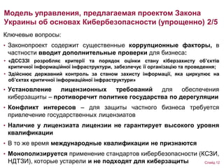 Ключевые вопросы:
• Законопроект содержит существенные коррупционные факторы, в
частности вводит дополнительные проверки для бизнеса:
• «ДССЗЗІ розробляє критерії та порядок оцінки стану кіберзахисту об’єктів
критичної інформаційної інфраструктури, забезпечує її організацію та проведення;
• Здійснює державний контроль за станом захисту інформації, яка циркулює на
об’єктах критичної інформаційної інфраструктури»
• Установление лицензионных требований для обеспечения
киберзащиты – противоречит политике государства по дерегуляции
• Конфликт интересов – для защиты частного бизнеса требуется
привлечение государственных лицензиатов
• Наличие у лицензиата лицензии не гарантирует высокого уровня
квалификации
• В то же время международные квалификации не признаются
• Монополизируется применение стандартов кибербезопасности (КСЗИ,
НДТЗИ), которые устарели и не подходят для киберзащиты
Модель управления, предлагаемая проектом Закона
Украины об основах Кибербезопасности (упрощенно) 2/5
Слайд 12
 