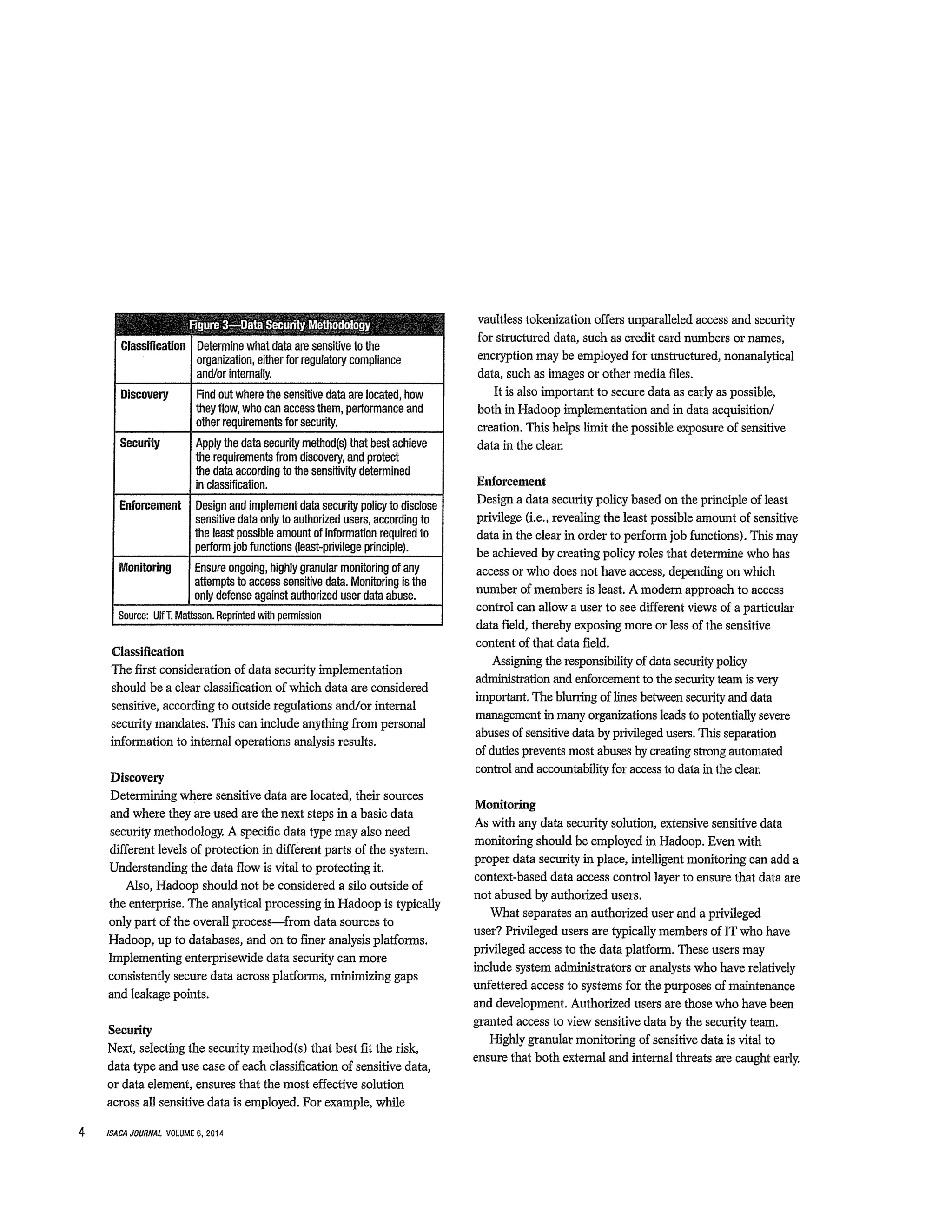 Classification Determine what data are sensitive to the
organization, either for regulatory compliance
andlor internally.
Discovery Find out where the sensitive data are located, how
they flow, who can access them, performance and
other requirements for security.
Security Apply the data security method(s) that best achieve
the requirements from discovery, and protect
the data according to the sensitivity determined
in classification.
Enforcement Design and implement data security policy to disclose
sensitive data only to authorized users, according to
the least possible amount of information required to
perform job functions ~east-privilege principle).
Monitoring Ensure ongoing, highly granular monitoring of any
attempts to access sensitive data. Monitoring is the
only defense against authorized user data abuse.
Source: UIIT. Mattsson. Reprinted with permission
Classification
The first consideration of data security implementation
should be a clear classification of which data are considered
sensitive, according to outside regulations and/or internal
security mandates. This can include anything from personal
information to internal operations analysis results.
Discovery
Determining where sensitive data are located, their sources
and where they are used are the next steps in a basic data
security methodology A specific data type may also need
different levels of protection in different parts of the system.
Understanding the data flow is vital to protecting it.
Also, Hadoop should not be considered a silo outside of
the enterprise. The analytical processing in Hadoop is typically
only part of the overall process—from data sources to
Hadoop, up to databases, and on to finer analysis platforms.
Implementing enterprisewide data security can more
consistently secure data across platforms, minimizing gaps
and leakage points.
Security
Next, selecting the security method(s) that best fit the risk,
data type and use case of each classification of sensitive data,
or data element, ensures that the most effective solution
across all sensitive data is employed. For example, while
vaultiess tokenization offers unparalleled access and security
for structured data, such as credit card numbers or names,
encryption may be employed for unstructured, nonanalytical
data, such as images or other media files.
It is also important to secure data as early as possible,
both in Hadoop implementation and in data acquisition!
creation. This helps limit the possible exposure of sensitive
data in the cleat
Enforcement
Design a data security policy based on the principle of least
privilege (i.e., revealing the least possible amount of sensitive
data in the clear in order to perform job functions). This may
be achieved by creating policy roles that determine who has
access or who does not have access, depending on which
number of members is least. A modern approach to access
control can allow a user to see different views of a particular
data field, thereby exposing more or less of the sensitive
content of that data field.
Assigning the responsibility of data security policy
administration and enforcement to the security team is very
important. The blurring of lines between security and data
management in many organizations leads to potentially severe
abuses of sensitive data by privileged users. This separation
of duties prevents most abuses by creating strong automated
control and accountability for access to data in the cleat
Monitoring
As with any data security solution, extensive sensitive data
monitoring should be employed in Hadoop. Even with
proper data security in place, intelligent monitoring can add a
context-based data access control layer to ensure that data are
not abused by authorized users.
What separates an authorized user and a privileged
user? Privileged users are typically members of IT who have
privileged access to the data platform. These users may
include system administrators or analysts who have relatively
unfettered access to systems for the purposes of maintenance
and development. Authorized users are those who have been
granted access to view sensitive data by the security team.
Highly granular monitoring of sensitive data is vital to
ensure that both external and internal threats are caught early.
4 IS4CA JOURNAL VOLUME 6, 2014
 