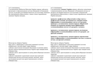 до їх повноважень; 
у встановленому Кабінетом Міністрів України порядку забезпечує 
організацію та функціонування системи обмеження та блокування 
доступу до ресурсів, які використовуються для підготовки, вчинення 
або приховування кіберзлочинів, а також в інших передбачених 
законами України випадках. 
Міністерство оборони України: 
бере участь у формуванні та реалізації державної політики 
кібербезпеки у воєнній сфері і сфері оборони; 
здійснює аналіз воєнно-політичної обстановки та визначає рівень 
воєнної загрози національній безпеці України через використання 
кіберпростору; 
здійснює аналіз, прогнозування та оцінку рівня кіберзагроз воєнного 
характеру; 
здійснює планування та реалізацію заходів щодо протидії і 
нейтралізації воєнно-політичних ризиків, викликів, загроз 
застосування воєнної сили проти національного сегмента 
кіберпростору; 
до їх повноважень; 
у встановленому законом України порядку забезпечує організацію 
та функціонування системи обмеження та блокування доступу до 
ресурсів, які використовуються для підготовки, вчинення або 
приховування кіберзлочинів, а також в інших передбачених законами 
України випадках; 
проводить профілактику кіберзлочниів та бере участь у 
профілактиці злочинів, які вчиняються з використанням 
інформаційно-телекомунікаційних систем та їх ресурсів; 
проводить у встановленому законом порядку кібернетичні 
операції для зважанню використанню інформаційно- 
телекомунікаційних систем та їх ресурсів у злочинах; 
проводить у встановленому законом порядку дослідження 
інформаційно-телекомунікаційних систем та їх ресурсів для 
протидії злочинам; 
проводить у встановленому законом порядку перехоплення 
даних в інформаційно-телекомунікаційних системах та каналах 
зв’язку для протидії злочинам; 
Міністерство оборони України: 
бере участь у формуванні та реалізації державної політики 
кібербезпеки у воєнній сфері і сфері оборони; 
здійснює аналіз воєнно-політичної обстановки та визначає рівень 
воєнної загрози національній безпеці України через використання 
кіберпростору; 
здійснює аналіз, прогнозування та оцінку рівня кіберзагроз воєнного 
характеру; 
здійснює планування та реалізацію заходів щодо протидії і 
нейтралізації воєнно-політичних ризиків, викликів, загроз 
застосування воєнної сили проти національного сегмента 
кіберпростору; 
 