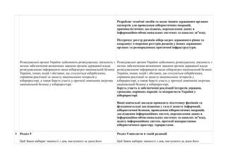 Розвідувальні органи України здійснюють розвідувальну діяльність з 
метою забезпечення визначених законом органів державної влади 
розвідувальною інформацією щодо кіберзагроз національній безпеці 
України, інших подій і обставин, що стосуються кібербезпеки, 
сприяння реалізації та захисту національних інтересів у 
кіберпросторі, а також беруть участь у протидії зовнішнім загрозам 
національній безпеці у кіберпросторі. 
Розробляє технічні засоби та надає іншим державним органам 
експертів для проведення кібернетичних операцій, 
криміналістичних досліджень, перехоплення даних в 
інформаційно-обчислювальних системах та каналах зв”язку. 
Підтримує реєстр ризиків кібер-загроз державного рівня та 
координує створення реєстрів ризиків у інших державних 
органах та розпорядниках критичної інфраструктури. 
Розвідувальні органи України здійснюють розвідувальну діяльність з 
метою забезпечення визначених законом органів державної влади 
розвідувальною інформацією щодо кіберзагроз національній безпеці 
України, інших подій і обставин, що стосуються кібербезпеки, 
сприяння реалізації та захисту національних інтересів у 
кіберпросторі, а також беруть участь у протидії зовнішнім загрозам 
національній безпеці у кіберпросторі; 
беруть участь в забезпеченні реалізації інтересів держави, 
громадян, корінних народів та підприємств України у 
кіберпросторі. 
Вищі навчальні заклади проводять підготовку фахівців та 
фундаментальні дослідження у галузі захисту інформації, 
кібернетичної безпеки, проведення кібернетичних операцій, 
дослідження інформаційних систем, перехоплення даних в 
інформаційно-обчислювальних системах та каналах зв”язку, 
аудиту інформаційних систем, протидії використанню 
кібернетичного простору терористами. 
8 Розділ 5 
Цей Закон набирає чинності з дня, наступного за днем його 
Розділ 5 викласти в такій редакції 
Цей Закон набирає чинності з дня, наступного за днем його 
 