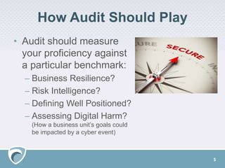 How Audit Should Play
• Audit should measure
your proficiency against
a particular benchmark:
– Business Resilience?
– Risk Intelligence?
– Defining Well Positioned?
– Assessing Digital Harm?
(How a business unit’s goals could
be impacted by a cyber event)
5
 