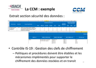 La CCM : exemple
Extrait section sécurité des données :




• Contrôle IS-19 : Gestion des clefs de chiffrement
  – Politiques et procédures doivent être établies et les
    mécanismes implémentés pour supporter le
    chiffrement des données stockées et en transit          15
 