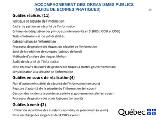 29 
ACCOMPAGNEMENT DES ORGANISMES PUBLICS 
(GUIDE DE BONNES PRATIQUES) 
Guides réalisés (11) 
Politique de sécurité de l’i...